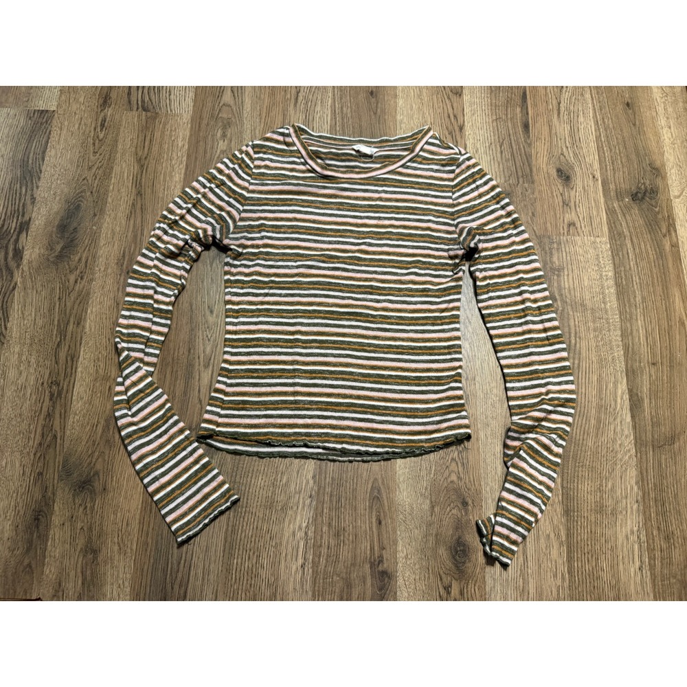 Aeropostale Shirts Womens Size Small Green Pink Long Sleeve Lettuce Hem Top